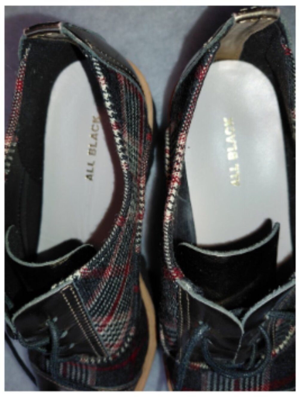 ALL BLACK Plaid Oxfords w/ Gold Patent Toe and Heel Women's Size 8 - Picture 9 of 13